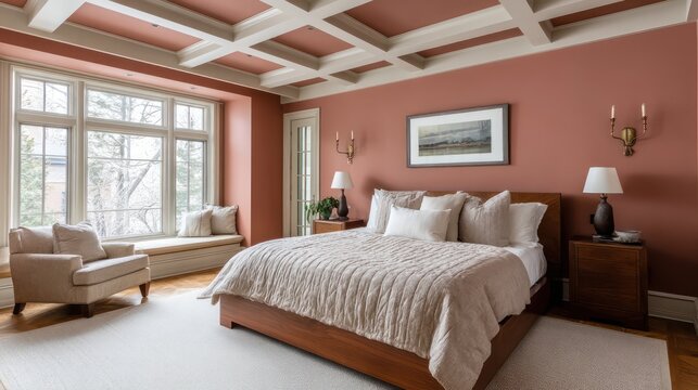 Elegant master bedroom with high coffered ceiling painted in dusty rose antique brass sconces casting soft shadows across quilted
