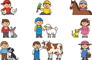 Cartoon children interacting with farm animals, playful educational scene, perfect for biology, agriculture, kids learning, rural life, and pet illustrations