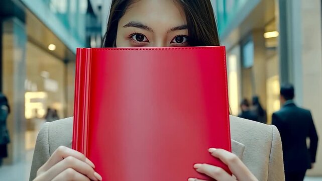 Young woman holding a large red folder in a city