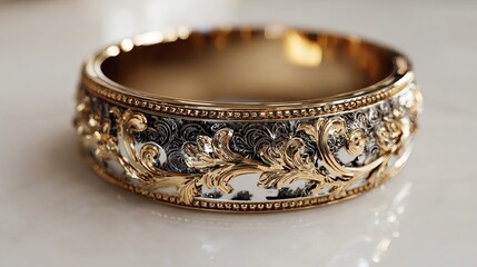 Intricate gold and silver ornate bracelet showcasing detailed floral designs.