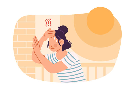 Woman experiencing heat exhaustion and fatigue in hot weather, leaning on wall illustration. Flat design, cartoon style, vector isolated on white background