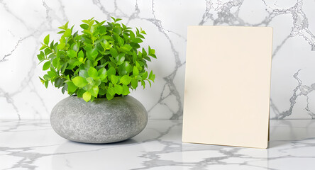 Elegant White blank card with a Green plant in a pot on a marble surface