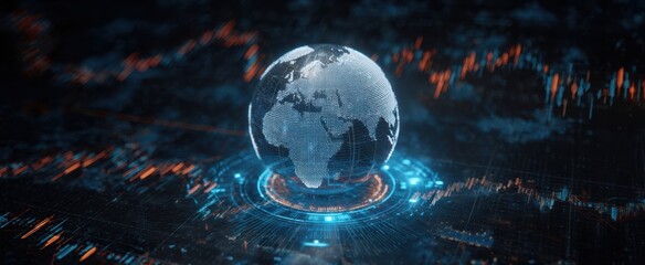 The globe illuminated by digital data and modern technology settings.