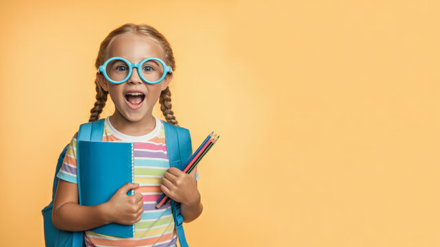 Kid and backpack back to school. Cheerful young girl backpack notebook glasses striped shirt yellow,child,elementary uniform,children,new year education,educator,students returning to school - Powered by Adobe