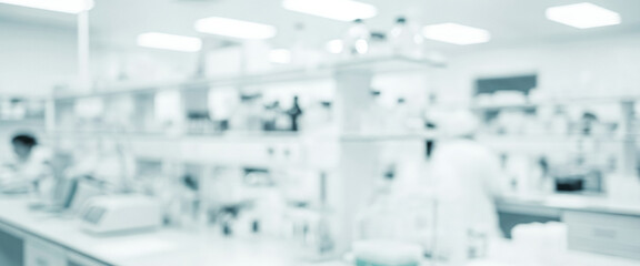 Blurred view of a modern laboratory interior showing indistinct equipment and people in white coats, creating a clean scientific atmosphere for abstract background use.