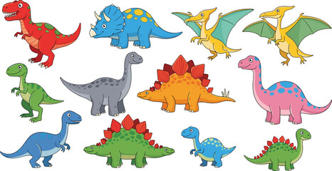 Colorful cartoon dinosaurs collection featuring cute prehistoric creatures in playful poses, ideal for kids’ education, biology, stickers, and illustrations