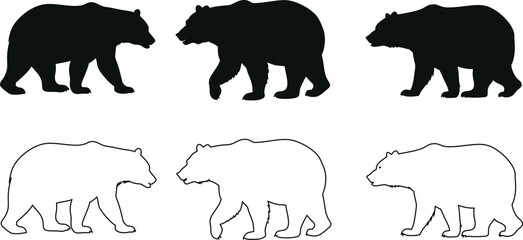 Bear silhouette and outline icon vector set in walking style, minimalist wildlife illustration for logos or signs.