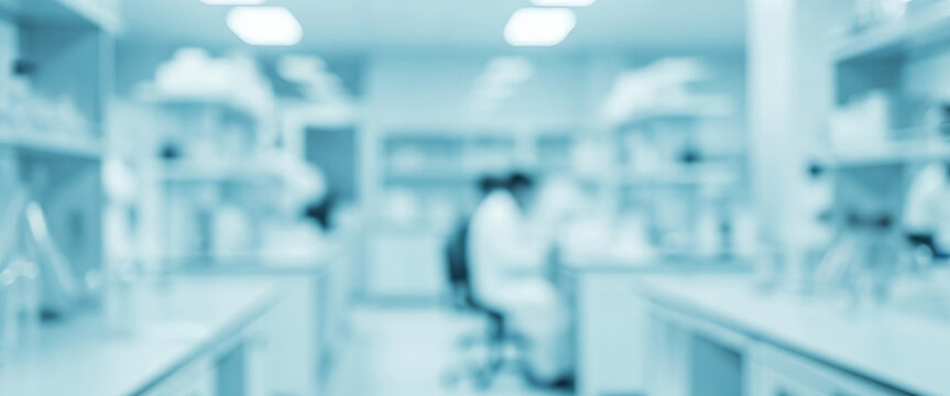 Softly blurred laboratory interior showing a person in a white lab coat seated at a table, offering a neutral and clinical feel suitable for background compositions.