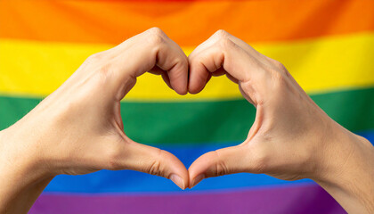 Hands form heart gesture in front of vibrant rainbow flag. Unity, love and LGBTQ pride.