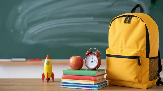 Kid and backpack back to school. Yellow backpack school supplies apple clock books classroom education,child,elementary uniform,children,new year education,educator,students returning to school