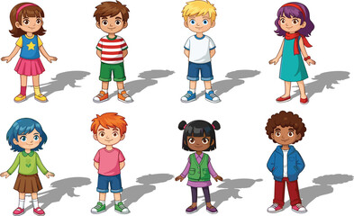 Diverse cartoon children in colorful outfits standing together, ideal for educational posters, character design, multicultural themes, classroom illustration, fun