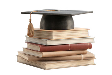 front view of stacked books, a graduation cap for education day isolated white background