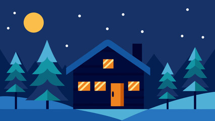Christmas winter night landscape with a snow-covered house, trees, and stars, a perfect holiday season illustration