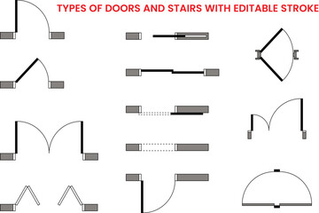 Types of doors and stairs for floor plan, Architectural elements set, graphic design, blueprints, symbol, top view, customizable stroke, vector, illustration