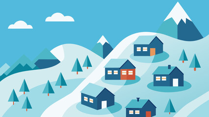
Winter mountain residential architecture with house and building icons