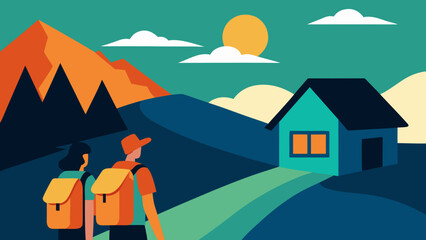 A cartoon vector illustration of a winter mountain landscape with houses and trees under a cloudy sky