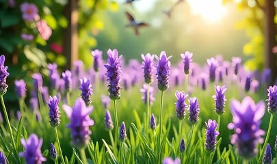 Naklejka premium Bokeh Bliss Lavender Flowers Blooming Gracefully Under Golden Sunlight Radiant Lavender Blooms in the Sun A Peaceful Garden Moment in Bokeh Lavender Dreams Soft Petals and Sunlight Unite in a Peaceful