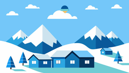 Winter mountain landscape with village houses and real estate icons