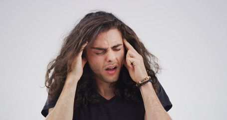 Pain, pressure or man with migraine in studio with stress, nervous breakdown or artist. Burnout...
