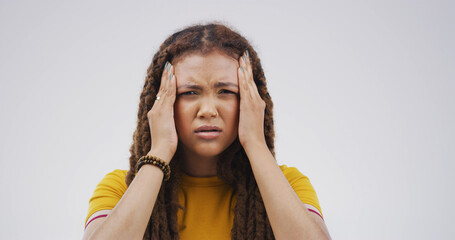 Pain, portrait and girl with headache in studio from mental health fatigue, pressure and brain fog....
