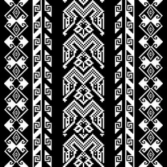 Traditional Thai textile-inspired pixel art design featuring two white elephants with ethnic geometric patterns. This high-contrast black and white digital artwork reflects Southeast Asian culture 