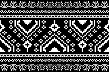 Traditional Thai textile-inspired pixel art design featuring two white elephants with ethnic geometric patterns. This high-contrast black and white digital artwork reflects Southeast Asian culture 