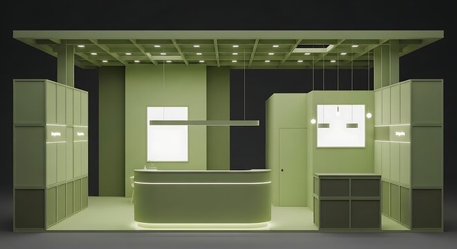 Modern Olive Green Reception Area with Illuminated Counter and Grid Ceiling