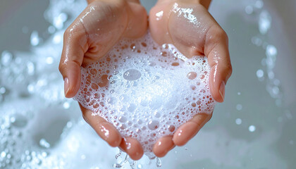 Fototapeta premium Water and soap foam gently held in hands. Personal hygiene and health safety. Handwashing, germ