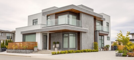 The elegant modern house with stylish balcony and landscaped surroundings.