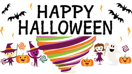 Obraz premium Happy halloween scene with bats, pumpkins, ghosts, witches and a swirling candy tornado image