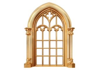 golden ancient church window isolated on white or transparent png