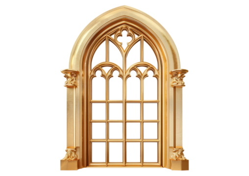 golden ancient church window isolated on white or transparent png
