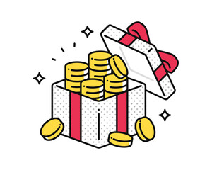 蓋が開いたプレゼントボックスとコインのシンプルなベクターアイコンイラスト