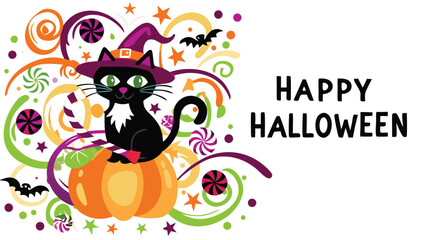 A festive halloween image featuring a black cat on a pumpkin with swirls and happy halloween text