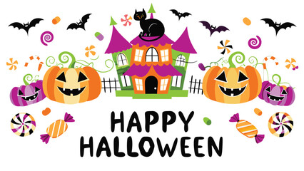 Happy halloween scene with haunted house pumpkins bats and candy for festive holiday celebration