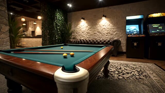 Pool table in a cozy lounge with arcade games nearby