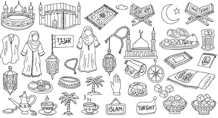 Fototapeta premium Islamic Culture Religion Hand-drawn Doodle Collection: Symbols, Objects, Food