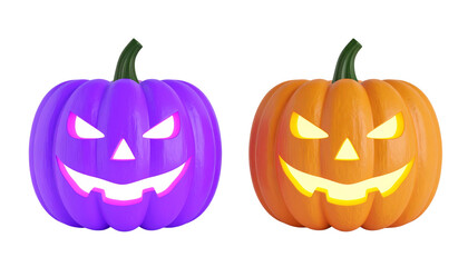 Jack-o'-lanterns, a spooky set of carved Halloween pumpkins, glow orange for an autumn celebration
