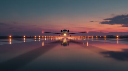 Obraz premium A Commercial Airplane on the Runway at Night Illuminated by Airport Lights Ready for Takeoff Surrounded by a Dark Sky and Stars Creating a Tranquil Atmosphere
