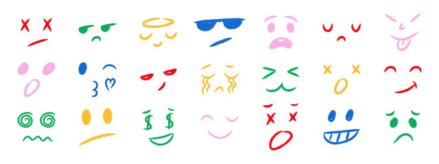 Colorful crayon emoji faces in doodle style. Hand drawn cartoon emoticons with different moods and feelings.