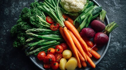 A variety of fresh vegetables arranged on a plate, perfect for anyone looking to maintain a healthy, plant-based diet.