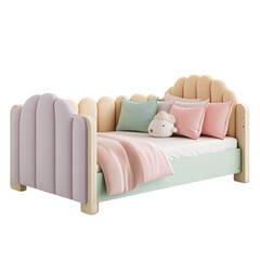 Pastel Child's Scalloped Bed, Soft Pink Bedding, Modern Nursery Decor, Whimsical Design, Studio Shot