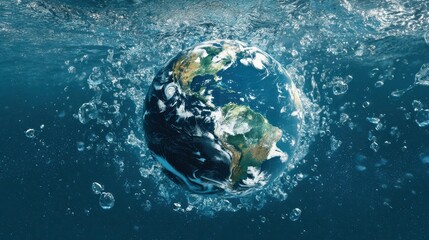 Fototapeta premium The Earth submerged in water with bubbles creating a stunning underwater view.