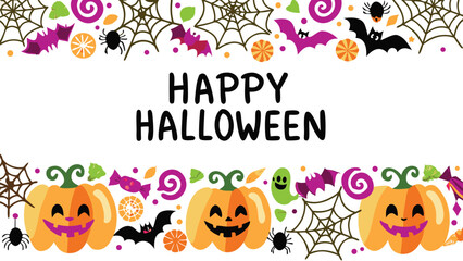 Happy halloween themed border with pumpkins bats spiders and candy decorations for festive celebration