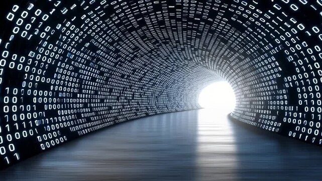 Futuristic digital tunnel illuminated by glowing binary code showcases innovative technology and abstract design, creating mesmerizing atmosphere of movement and data flow