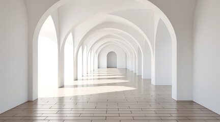 Elegant White Arched Hallway with Light and Shadow on Tiled Floor
