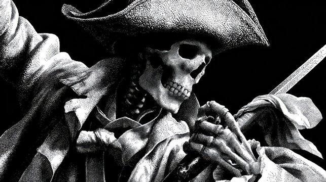 Skeleton pirate in black and white