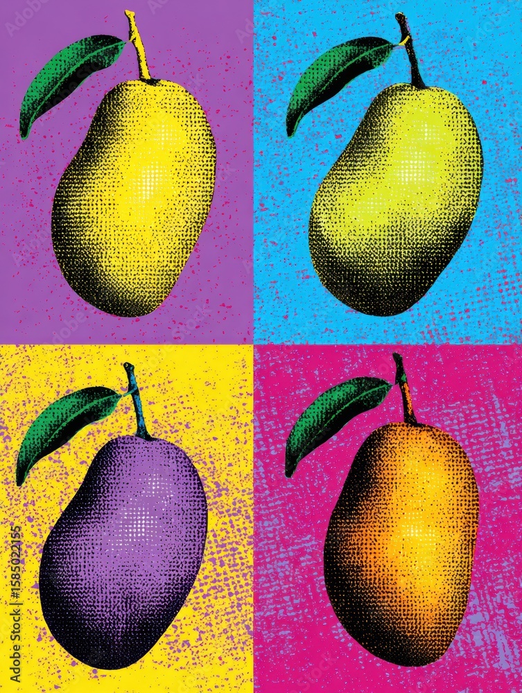 Poster vibrant repeating mango patterns in pop art style featuring halftone texture against a blank right m