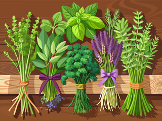 Fototapeta premium A collection of bunches of each plant either separately or separated from each plant with knotted twine on a neatly arranged wooden table containing fresh herbs. Basil, sage, dill, thyme, mint, lavend