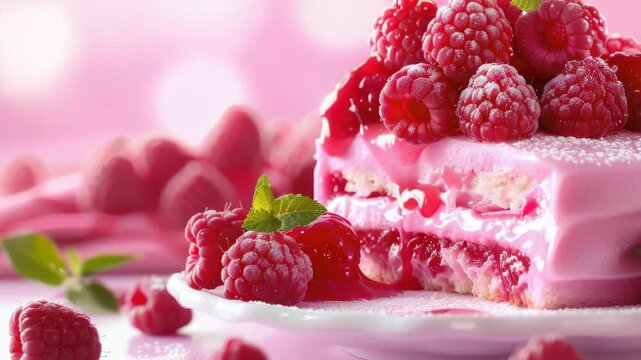 Freshly made dessert featuring layers of raspberry and vanilla flavored frosting, topped with fresh raspberries and mint leaves. Perfect for summer or any celebration.